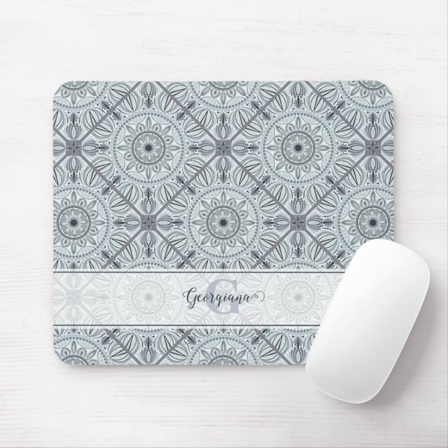 Custom Name Art Deco Floral Harmony Grey Mandala Mouse Mat (With Mouse)