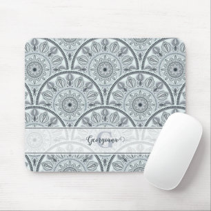 Custom Name Art Deco Floral Harmony Grey Mandala Mouse Mat