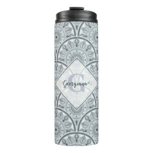 Custom Name Art Deco Floral Harmony Grey Mandala Thermal Tumbler