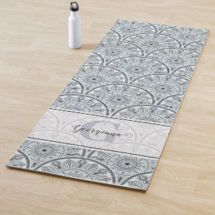 Custom Name Art Deco Floral Harmony Grey Mandala Yoga Mat