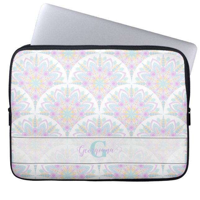 Custom Name Art Deco Pastel Rainbow Floral Mandala Laptop Sleeve (Front)