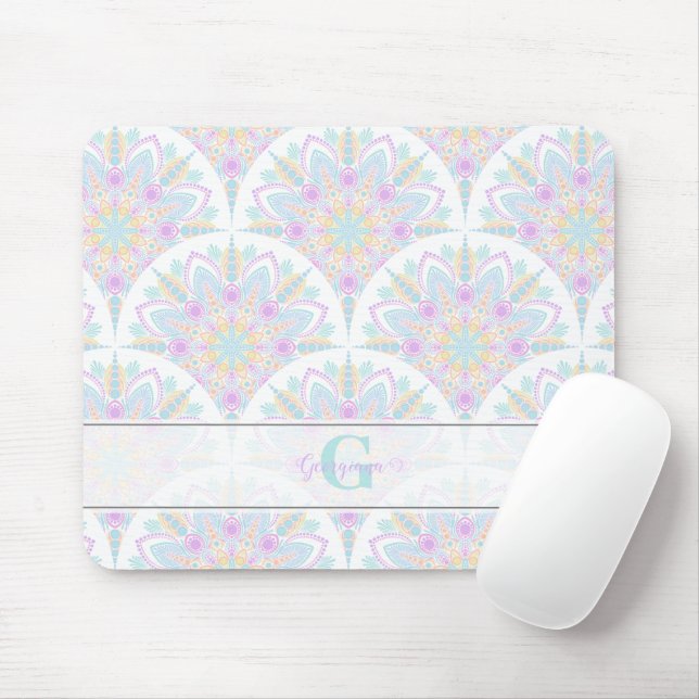 Custom Name Art Deco Pastel Rainbow Floral Mandala Mouse Mat (With Mouse)