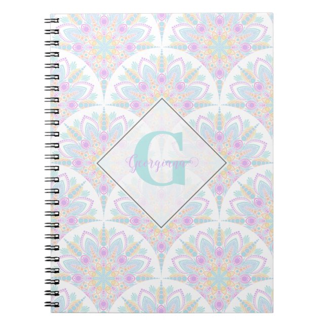 Custom Name Art Deco Pastel Rainbow Floral Mandala Notebook (Front)