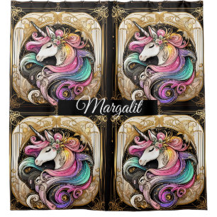 Custom Name Art Deco Rainbow Faux Glitter Unicorn Shower Curtain