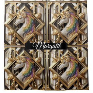 Custom Name Art Deco Rainbow Faux Glitter Unicorn Shower Curtain