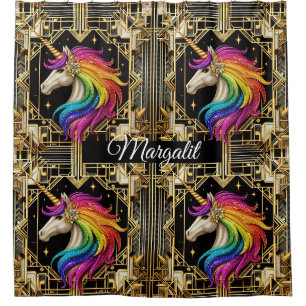 Custom Name Art Deco Rainbow Faux Glitter Unicorn Shower Curtain