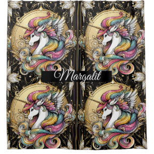 Custom Name Art Deco Rainbow Faux Glitter Unicorn Shower Curtain