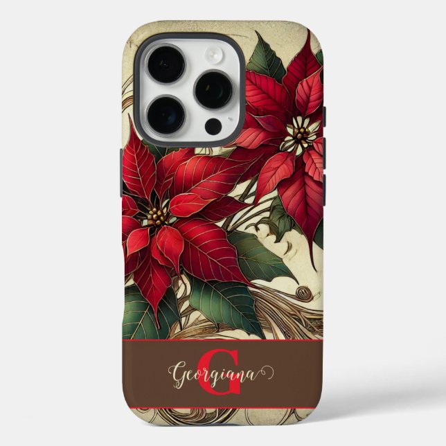 Custom Name Art Nouveau Christmas Poinsettia Case-Mate iPhone Case (Back)