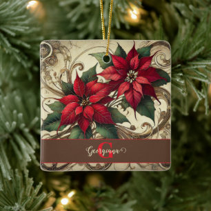 Custom Name Art Nouveau Christmas Poinsettia Ceramic Ornament