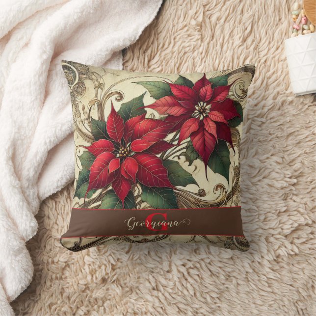 Custom Name Art Nouveau Christmas Poinsettia Cushion (Blanket)