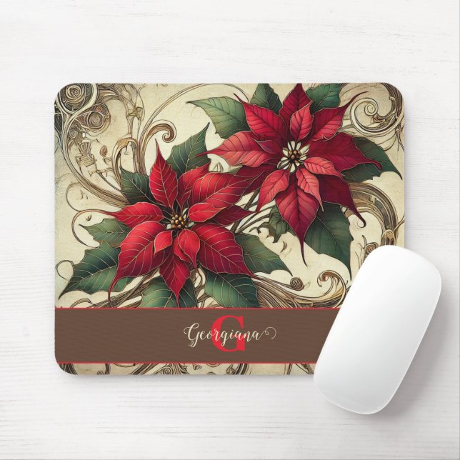Custom Name Art Nouveau Christmas Poinsettia Mouse Mat (With Mouse)