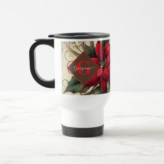Custom Name Art Nouveau Christmas Poinsettia Travel Mug (Left)