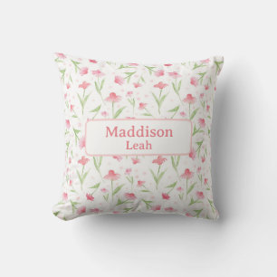 Custom Name Art Watercolor Floral Pink Nursery Cushion