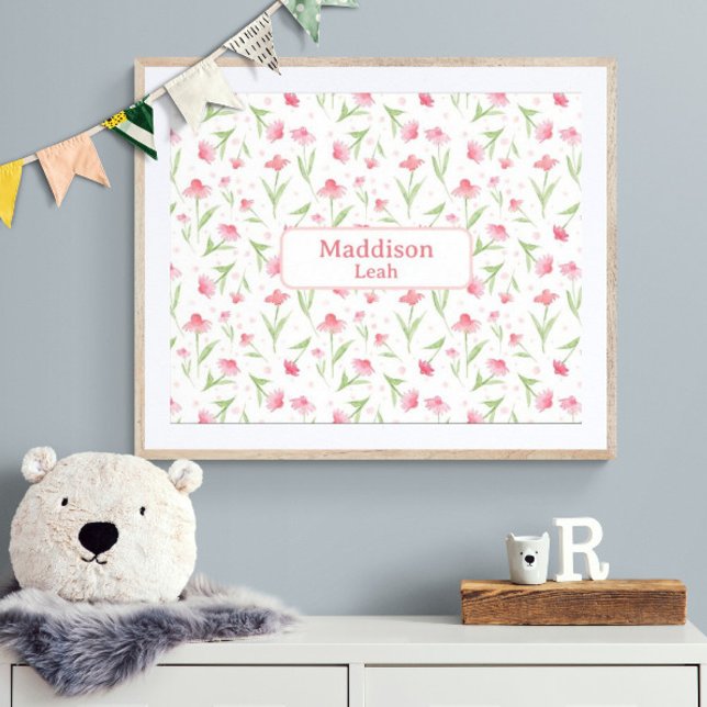 Custom Name Art Watercolor Floral Pink Nursery Poster (Customize name! Shown with white mat and wood frame. (you will receive print only) Thank  you!)