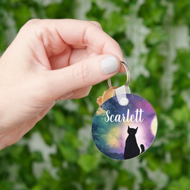 Custom Name Artistic Cute Cat Moon and Galaxy Key Ring (Hand)