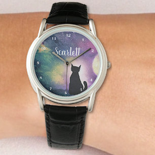 Custom Name Artistic Cute Cat Moon and Galaxy Watch