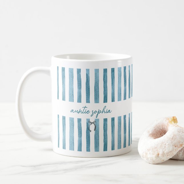 Custom Name Auntie, Watercolor Blue Stripe  Coffee Mug (With Donut)