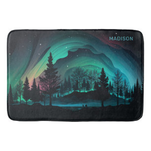 Custom Name Aurora Borealis Illustration Bath Mat