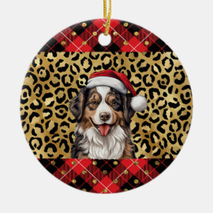 Custom Name Australian Shepherd dog Santa hat Buff Ceramic Tree Decoration