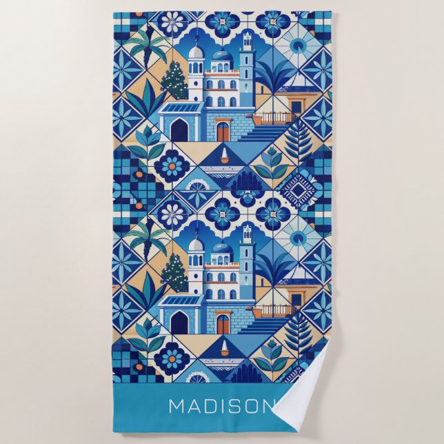 Custom Name Azulejo Tiles Pattern Beach Towel (Front)