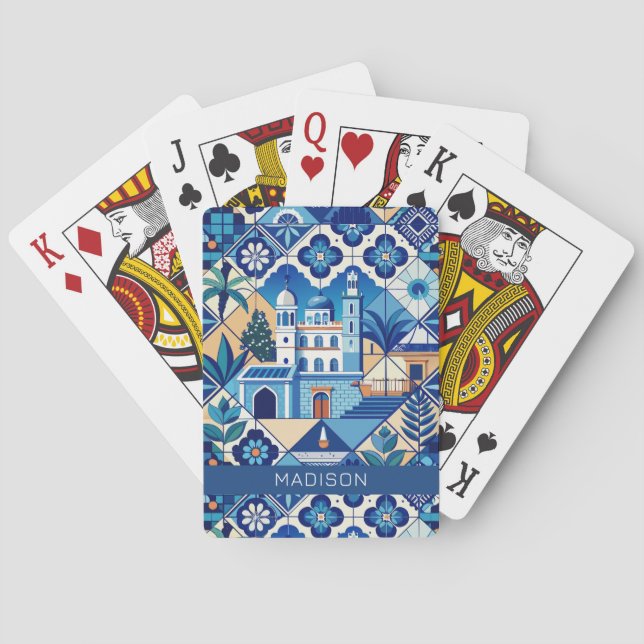 Custom Name Azulejo Tiles Pattern Playing Cards (Back)