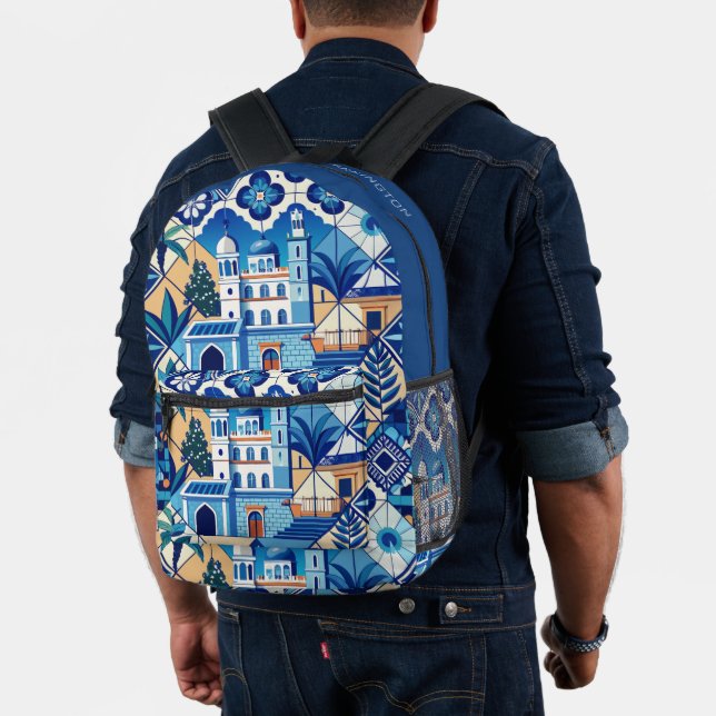 Custom Name Azulejo Tiles Pattern Printed Backpack (Insitu (Model))