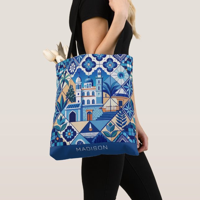 Custom Name Azulejo Tiles Pattern Tote Bag (Close Up)