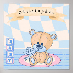 Custom Name Baby Boy Teddy Nursery Poster