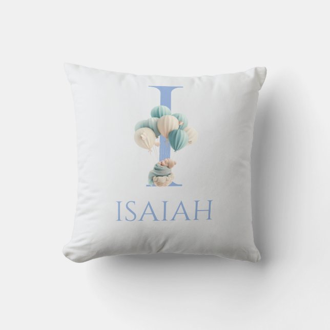Custom Name Baby floating with balloons Cushion (Front)