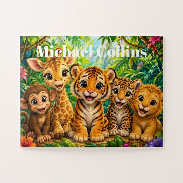 Custom Name Baby Jungle Animals Jigsaw Puzzle (Horizontal)