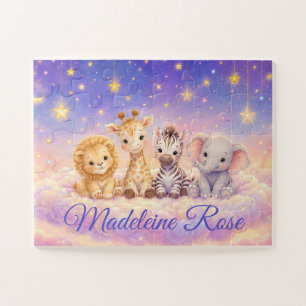 Custom Name Baby Lion Giraffe Zebra and Elephant Jigsaw Puzzle