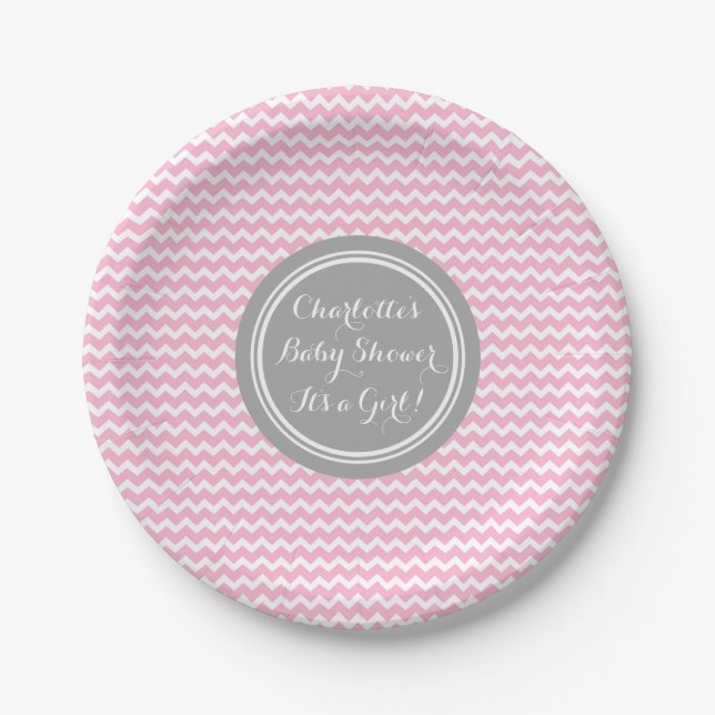 Custom Name Baby Shower Plates Grey Pink Chevron (Front)
