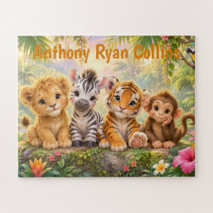 Custom Name Baby Tropical Animals Vibrant Jungle Jigsaw Puzzle
