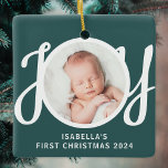 Custom Name Baby's First Christmas Photo Green  Ceramic Ornament<br><div class="desc">This cute Baby's First Christmas Photo Ornament is decorated with the word JOY in stylish script typography on a green background.
Easily customisable with your photo,  name,  and year.</div>