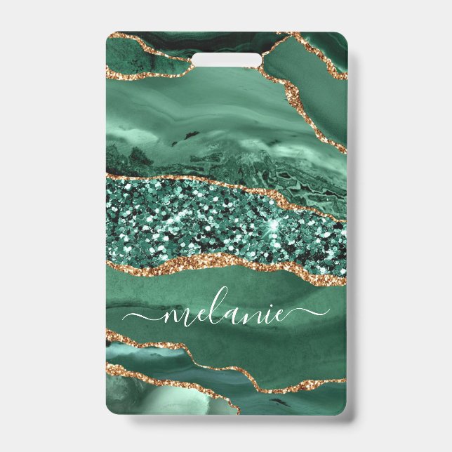 Custom Name Badge Agate Green Gold Glitter Marble ID Badge (Front)