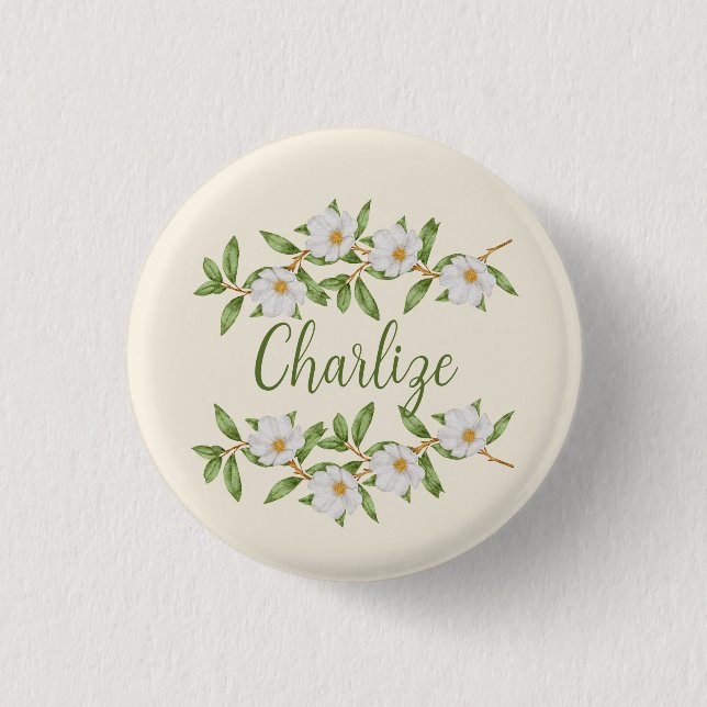 Custom Name Badge Pin White Flowers Natural Girls (Front)