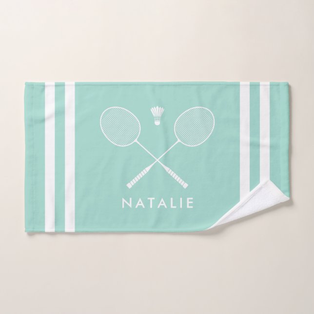Custom Name Badminton Aqua Blue Stripes Hand Towel (Hand Towel)