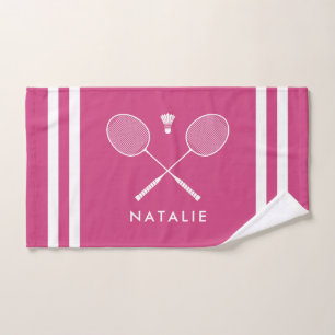 Custom Name Badminton Magenta Stripes Hand Towel