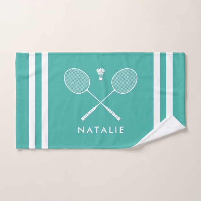 Custom Name Badminton Turquoise Blue Stripes Hand Towel (Hand Towel)
