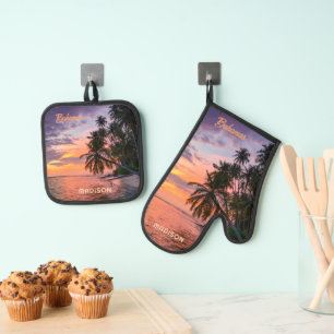Custom Name Bahamas Sunset Oven Mitt & Pot Holder Set