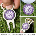 Custom Name Ball Marker Purple Personalised Divot Tool<br><div class="desc">A stylish all-in-one personalised divot tool, bottle opener and ball marker! A classic design featuring a victory laurel wreath, framing a ball and tee. This editable template can be customised for a golf club, country club, company name, team player, golf club member or individual golfer. Perfect for commemorating special days,...</div>