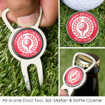 Custom Name Ball Marker Red Personalised Divot Tool<br><div class="desc">A stylish all-in-one personalised divot tool, bottle opener and ball marker! A classic design featuring a victory laurel wreath, framing a ball and tee. This editable template can be customised for a golf club, country club, company name, team player, golf club member or individual golfer. Perfect for commemorating special days,...</div>