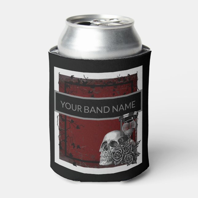 Custom Name Band Merch Skull Rose Gothic Rock Roll Can Cooler (Can Front)