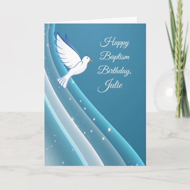 Custom Name Baptism Anniversary Dove on Blue Water Card (Front)