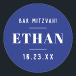 Custom Name Bar or Bat Mitzvah Modern Classic Blue Classic Round Sticker<br><div class="desc">Modern blue and white Bar Mitzvah, Bat Mitzvah, or Birthday sticker and favour label can be personalised with your name and date or any wording of your choice. * * * CLICK CUSTOMIZE to change the font, text placement, text and background colours. * * * Try the "Transfer this Design"...</div>