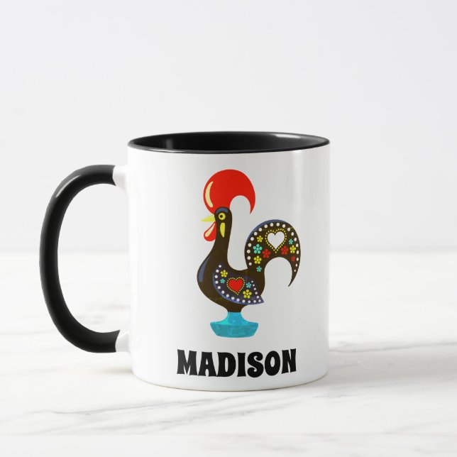 Custom Name Barcelos Portuguese Rooster Black Mug (Left)