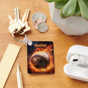 Custom Name Baseball on Fire Key Ring