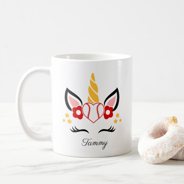 Custom Name Baseball Unicorn Eyelashes Coffee Mug (With Donut)