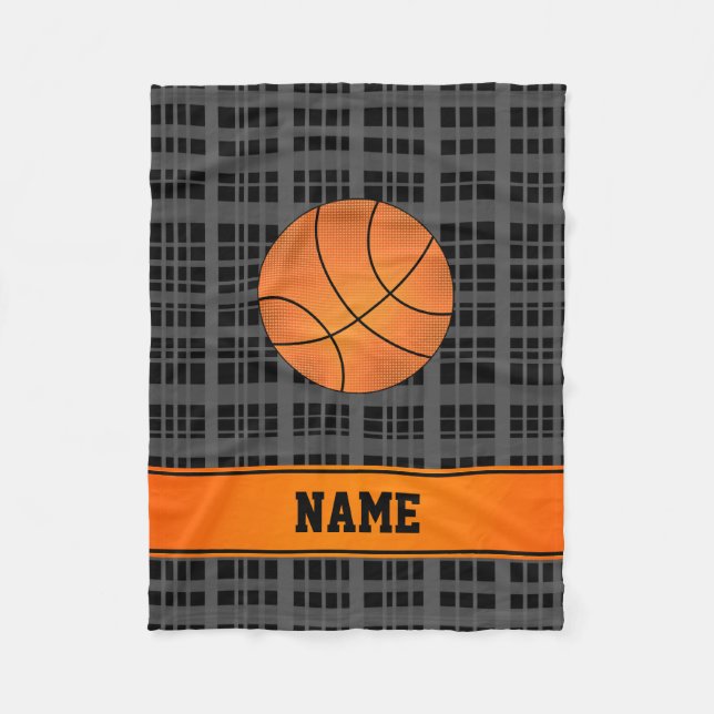 Custom name basketball black plaid fleece blanket (Front)