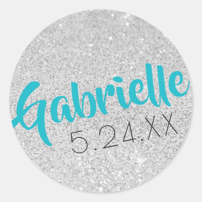 Custom Name Bat Mitzvah Silver Glitter U PICK FONT Classic Round Sticker (Front)